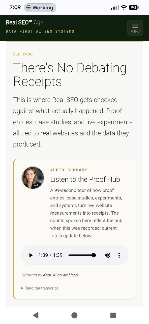 Real SEO Life Proof Hub after the Kodi audio card was added